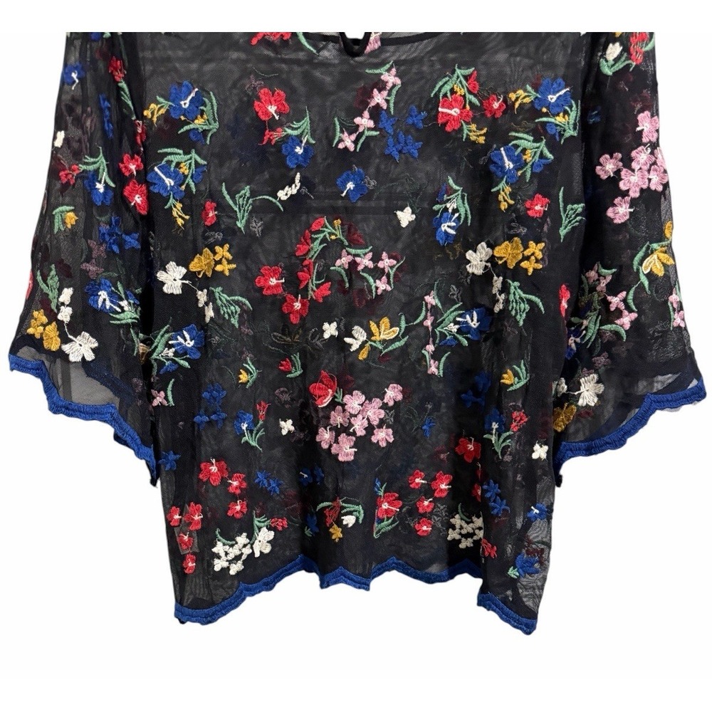 Anthropologie Maeve Meadows Black Sheer Colorful Embroidered Flowers Top Size M - Picture 6 of 11